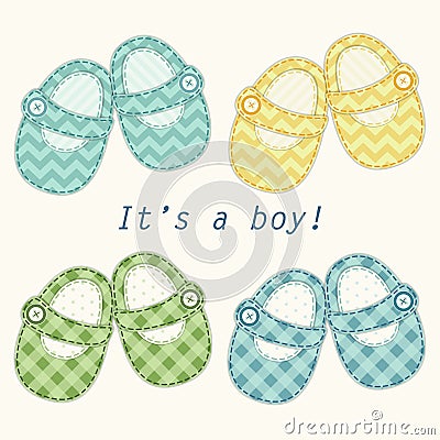 Cute baby shower card with baby shoes as retro fabric applique in shabby chic style Vector Illustration