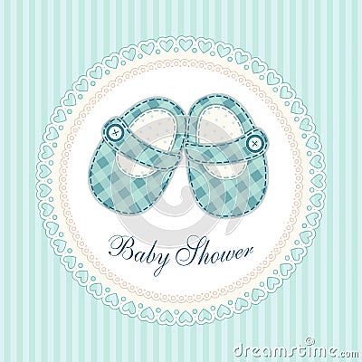 Cute baby shower card with baby shoes as retro fabric applique in shabby chic style Vector Illustration