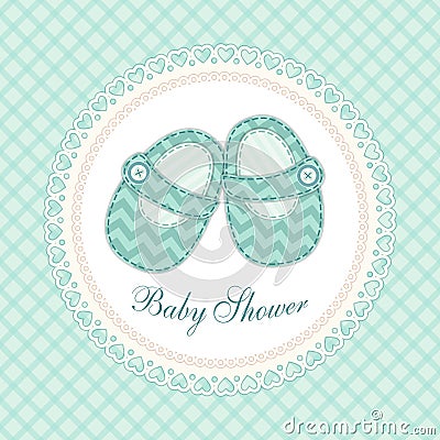 Cute baby shower card with baby shoes as retro fabric applique in shabby chic style Vector Illustration