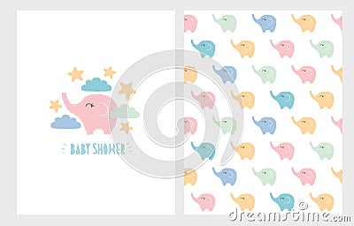 Cute Baby Shower Hand Drawn Illustration Set.Pastel Colors Little Elephants Card and Pattern. Vector Illustration