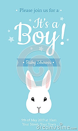 Cute Baby Shower invitation for Boy`s birthday with little white bunny rabbit on blue background with stars. - Vector Vector Illustration