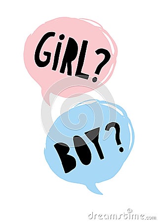 Cute Baby Shower Vector Illustration. Boy or Girl. White Background. Pink and Blue Hand Drawn Speech Bubbles. Vector Illustration