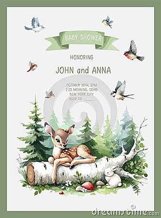 Cute baby shower watercolor invitation card with Baby Bambi in a fairytale watercolor forest. Vector Illustration