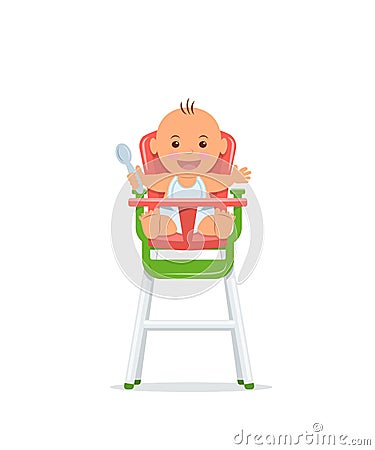 Cute baby sits on a high chair and holds a spoon. Baby healthy feeding concept. Vector Illustration