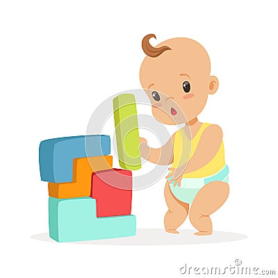 Cute baby standing and playing with toy blocks, colorful cartoon character vector Illustration Vector Illustration