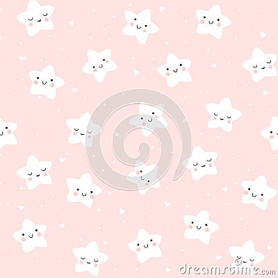 Cute baby star pattern with smiling and sleeping stars and hearts. Vector seamless night sky background in pink. Vector Illustration