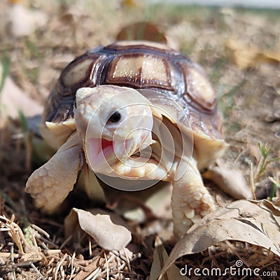 Cute baby sulcata tortoise roar Stock Photo
