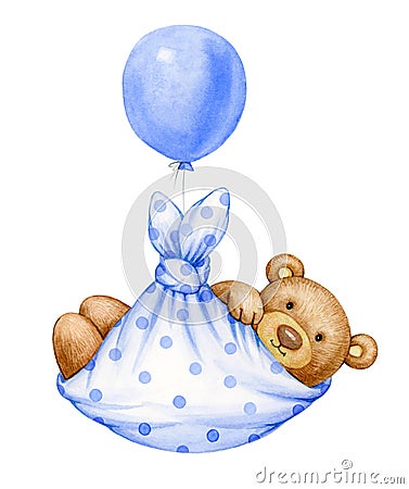 Cute baby Teddy bear cartoon with balloon. Stock Photo