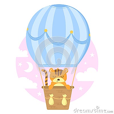 Cute baby tiger in basket flaying on blue balloon among pink sky with clouds. Stock vector illustration isolated on Vector Illustration