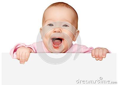 Cute baby with white blank banner isolated Stock Photo