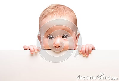 Cute baby with white blank banner isolated Stock Photo