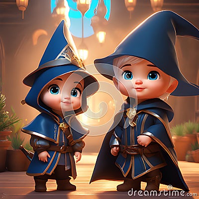 Cute baby wizard brother and sister in magical castal+ Stock Photo