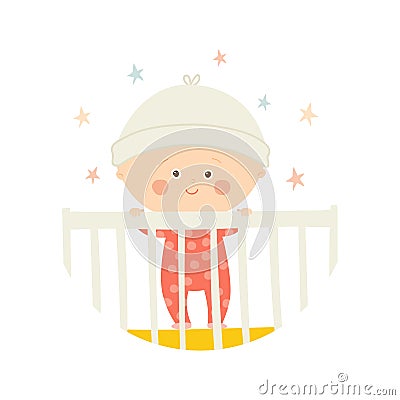 Cute Baby 1 year old standing in Crib. Baby shower design element. Vector Illustration