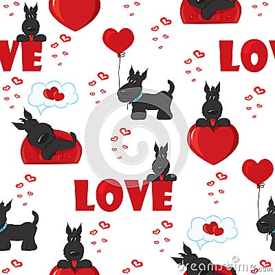 Cute background with dogs and hearts for Valentine's Day, seamless pattern Vector Illustration