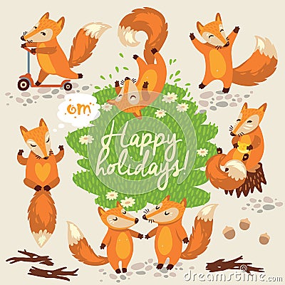 Cute background with foxes in vector Vector Illustration