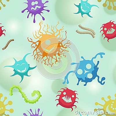 Cute bacteria cartoon seamless pattern Vector Illustration