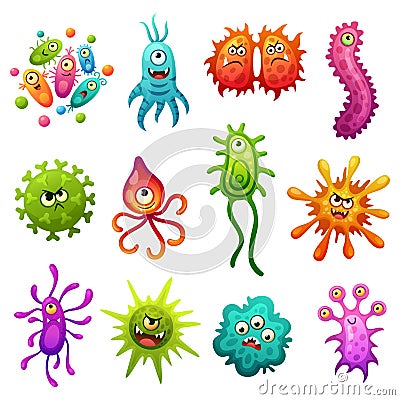 Cute bacterias. Bacteria character, cartoon germs. Colorful cell and microbe, health icons. Funny monsters and garish Vector Illustration