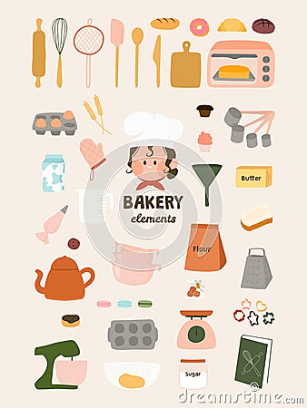 Cute bakery elements flat vector graphic illustration. Baking art print. Baking ingredients and tools, dessert and pastry dishes Vector Illustration