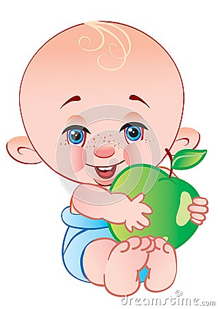 Cute bald baby sitting in a blue diaper and holding a big green apple in his hands and smiling, isolated object on a Vector Illustration