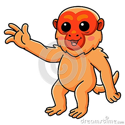 Cute bald uakari monkey cartoon waving hand Vector Illustration