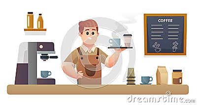 Cute barista carrying coffee with tray at coffee shop counter Vector Illustration