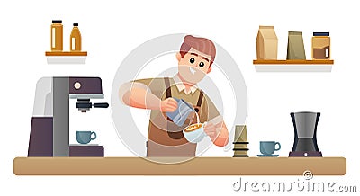 Cute barista making coffee at coffee shop counter Vector Illustration