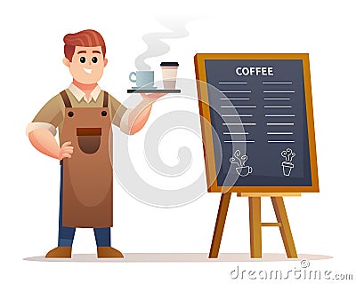 Cute barista standing near menu board while carrying coffee with tray Vector Illustration