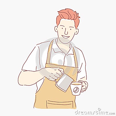 Cute barista at work. Young guy pours coffee into a cup Vector Illustration