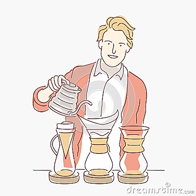 Cute barista at work. Young guy pours coffee from the coffee pot Vector Illustration