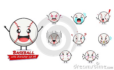 Cute baseball character emoticon set 1 Vector Illustration