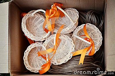 Cute basket with ribbon souvenir in the box Stock Photo