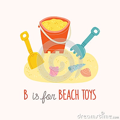 Cute beach toys. Shovel, buscket, rake and shells. Vector cartoon clipart eps 10 hand drawn illustration isolated on Vector Illustration