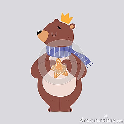 Cute Bear Animal Wearing Scarf and Crown Holding Gingerbread Star Enjoying Winter Season Vector Illustration Vector Illustration