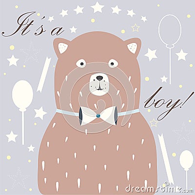 Cute Bear announces arrival of a baby boy. Vector illustration Stock Photo