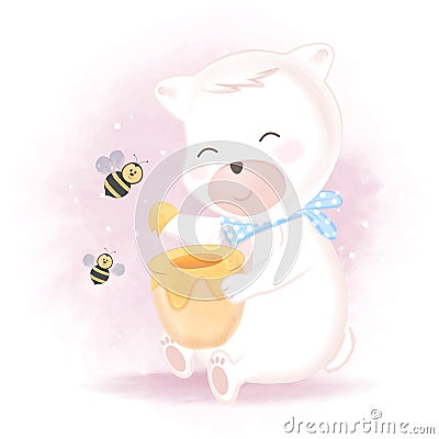 Cute bear and bee with honey jar, hand drawn cartoon illustration Vector Illustration