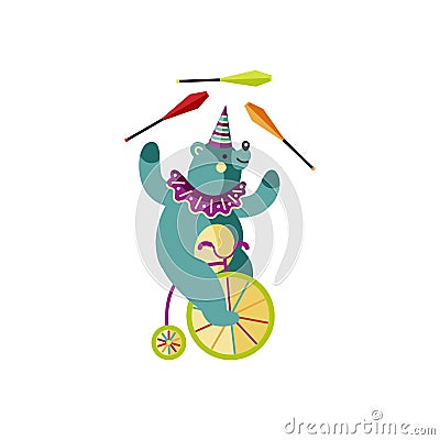 Cute bear on bicycle is juggling Cartoon Illustration