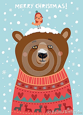 Cute bear with a bird. Christmas card Vector Illustration