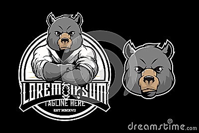 Cute bear cartoon martial arts kids athletes with kimono round badge emblem logo vector template Vector Illustration