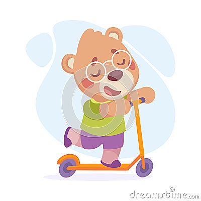 Cute Bear Character Ride Scooter and Smiling Vector Illustration Vector Illustration