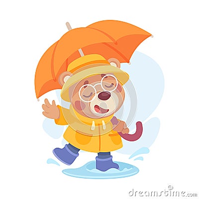 Cute Bear Character Walking in Rainy Day with Umbrella Vector Illustration Vector Illustration