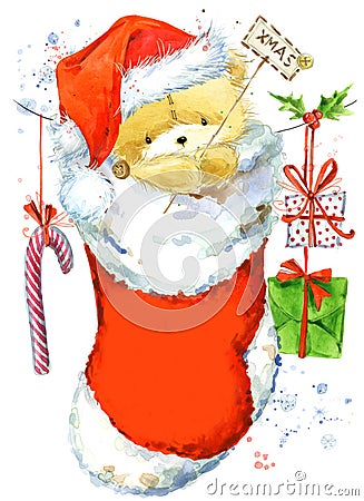 Cute Bear. Christmas Card with cute teddy bear. Watercolor Teddy Bear illustration. Background for New Year invitation card. Cartoon Illustration