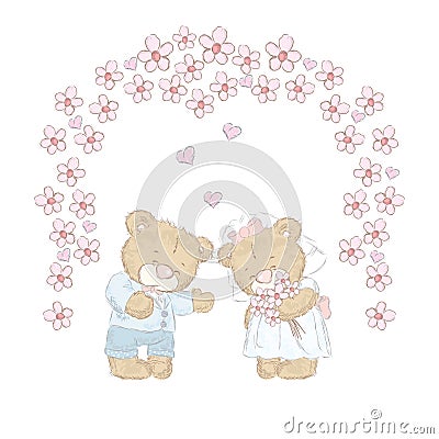 Cute bear cubs that were drawn by hand. Cute teddy bears vector. Wedding. Vector Illustration