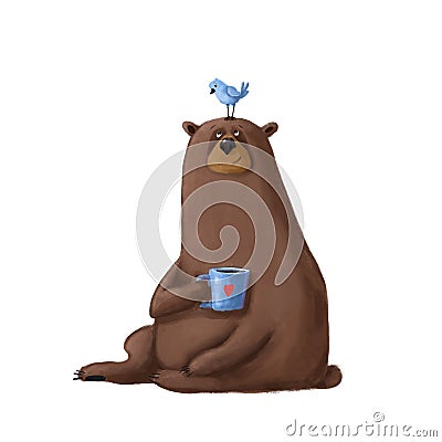 Cute bear with cup of hot drink and little bird, good morning watercolor style clipart with cartoon characters Cartoon Illustration