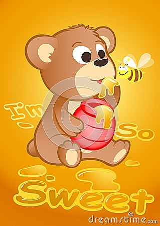 Cute bear eating honey with a bee Vector Illustration