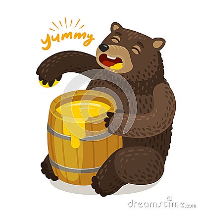 Cute bear eats honey from wooden barrel. Cartoon vector illustration Vector Illustration