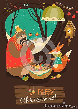 Cute bear and fox celebrating Christmas in den Vector Illustration