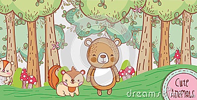 Cute bear and fox in the forest doodle cartoon Vector Illustration