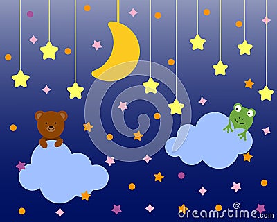 Cute bear and frog sitting on a cloud. Cartoon character for invitation. Children's background with moon, stars Vector Illustration