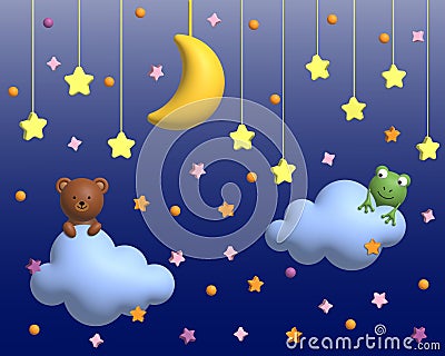 Cute bear and frog sitting on a cloud. Children's background with moon, stars, clouds. 3d render Stock Photo
