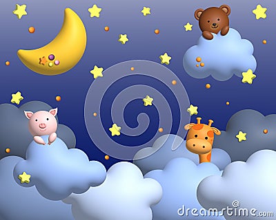 Cute bear and frog sitting on a cloud. Children's background with moon, stars, clouds. 3d render Stock Photo